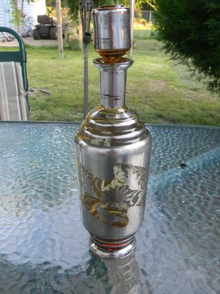Antique Amber Glass Sterling Silver Washed Vermeil Decanter W / Stopper photo