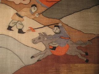 Antique Chinese Kesi Tapestry Panel Warriors Riders Embroidery 114 Cm photo