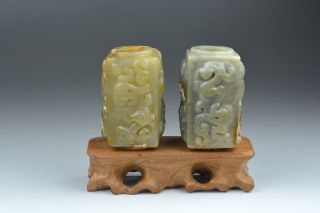 17thc Pair Nephrite Old Hetian Jade Carved Dragon Statue Figure photo