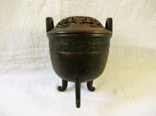Antique Early Chinese Bronze Ding Censer Carved Wood Cover photo