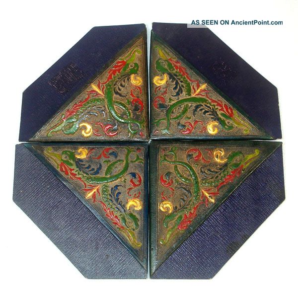 Arts And Crafts Set Tooled Painted Leather Blotter Corners Arts & Crafts Movement photo