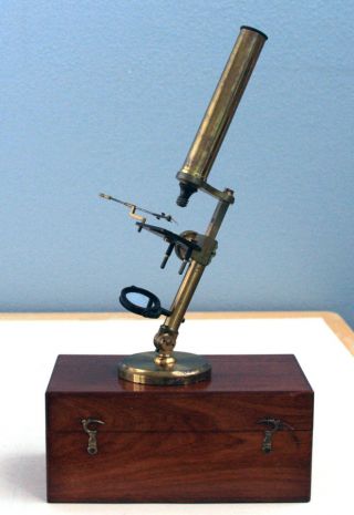 Antique Brass Monocular Compound Microscope On Round Base After Benj.  Pike C1850 photo