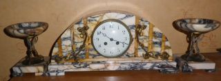 1930 ' S Art Deco French Marble Mantle Clock Garniture photo