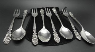 Eight Piece 4 Fork & 4 Spoon Rose Handle Heavy 800 Silver Flatware photo
