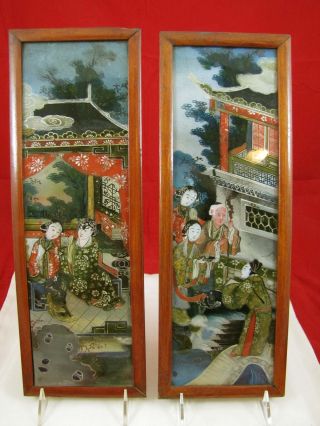 Antique Early 19th Century Pair Of Chinese Reverse Painting On Glass photo