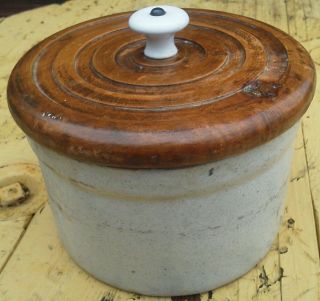 Antique Primitive Stoneware Salt Butter Crock Lid Crockery Vintage Nr photo