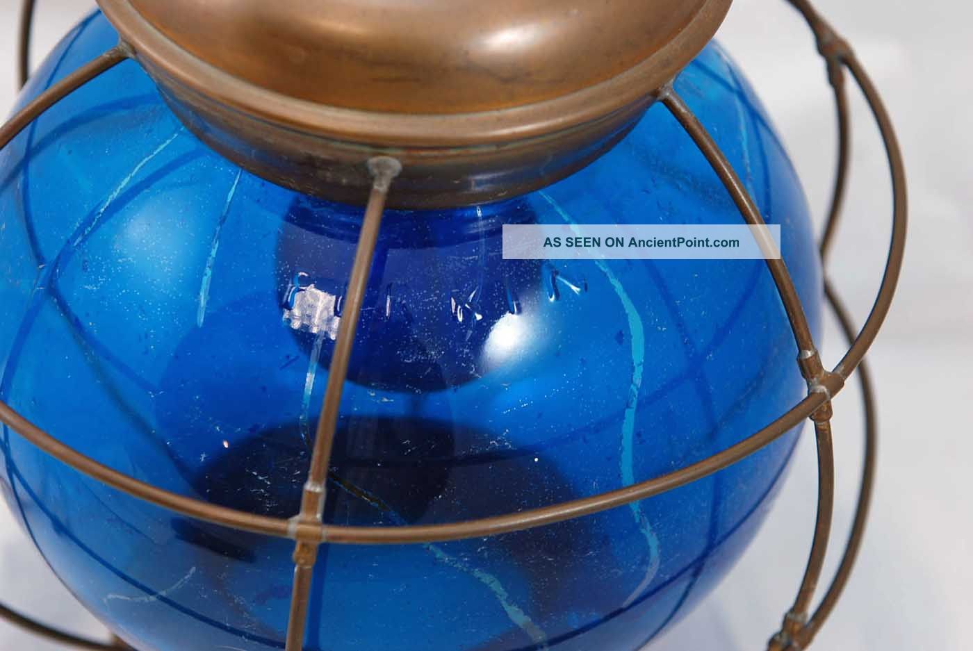 Antique Nautical Marine Perkins Blue Globe Ship Kerosene Lamp Lantern Converted Lamps & Lighting photo