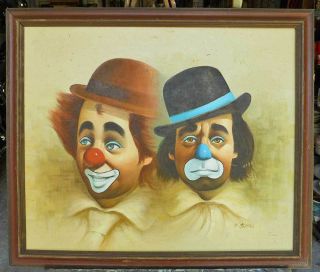 Clowns Vintage Painting Sad & Smiling Circus N Tomas Mid Century Modern photo
