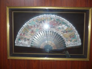 Antique Chinese H/painted On Silk Fan W/hand Engraving Handel photo
