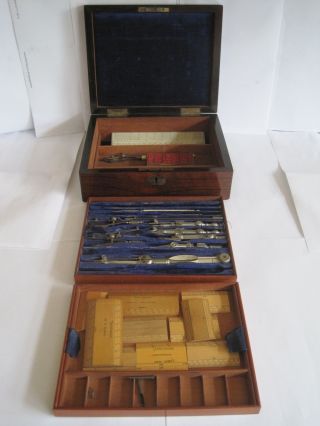19thc Architects / Engineers Technical Drawing Set & Rulers In Rose Wood Box photo