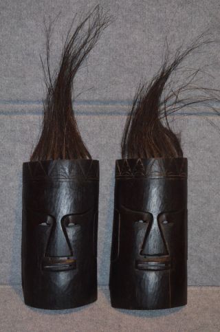 2 Antique Vtg Wood Carved African ? Tribal Face Mask Sculpture Hair Oceania photo