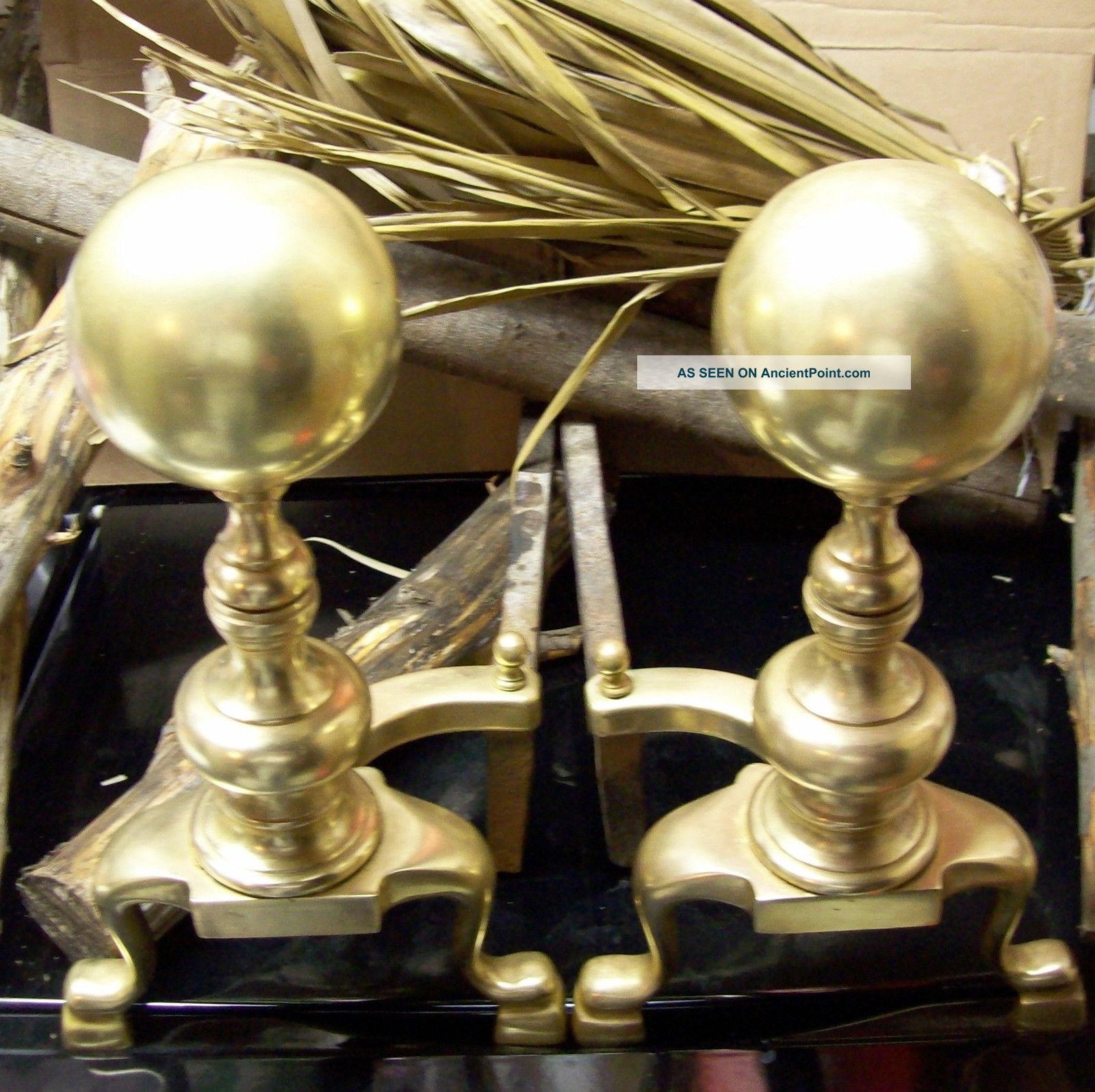 Antique Solid Brass Ball Top Sheffield Andirons - Vintage - Ny,  Usa Forged & Crafted Hearth Ware photo