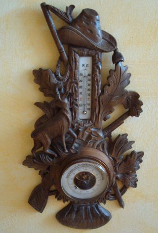 Old German Folk Art Wood Carved Wall Barometer And Thermometer Deer About 1900 photo