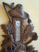 Old German Folk Art Wood Carved Wall Barometer And Thermometer Deer About 1900 Carved Figures photo 1