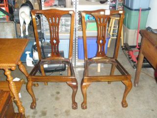 2 Antique Chippendale Claw Ball Feet Chairs Mahogany Hand Carved Shell photo