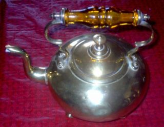 Vintage English Brass Teapot,  7.  5 In.  High,  Amber Glass Handlle Ca.  1900,  (jdh04) photo