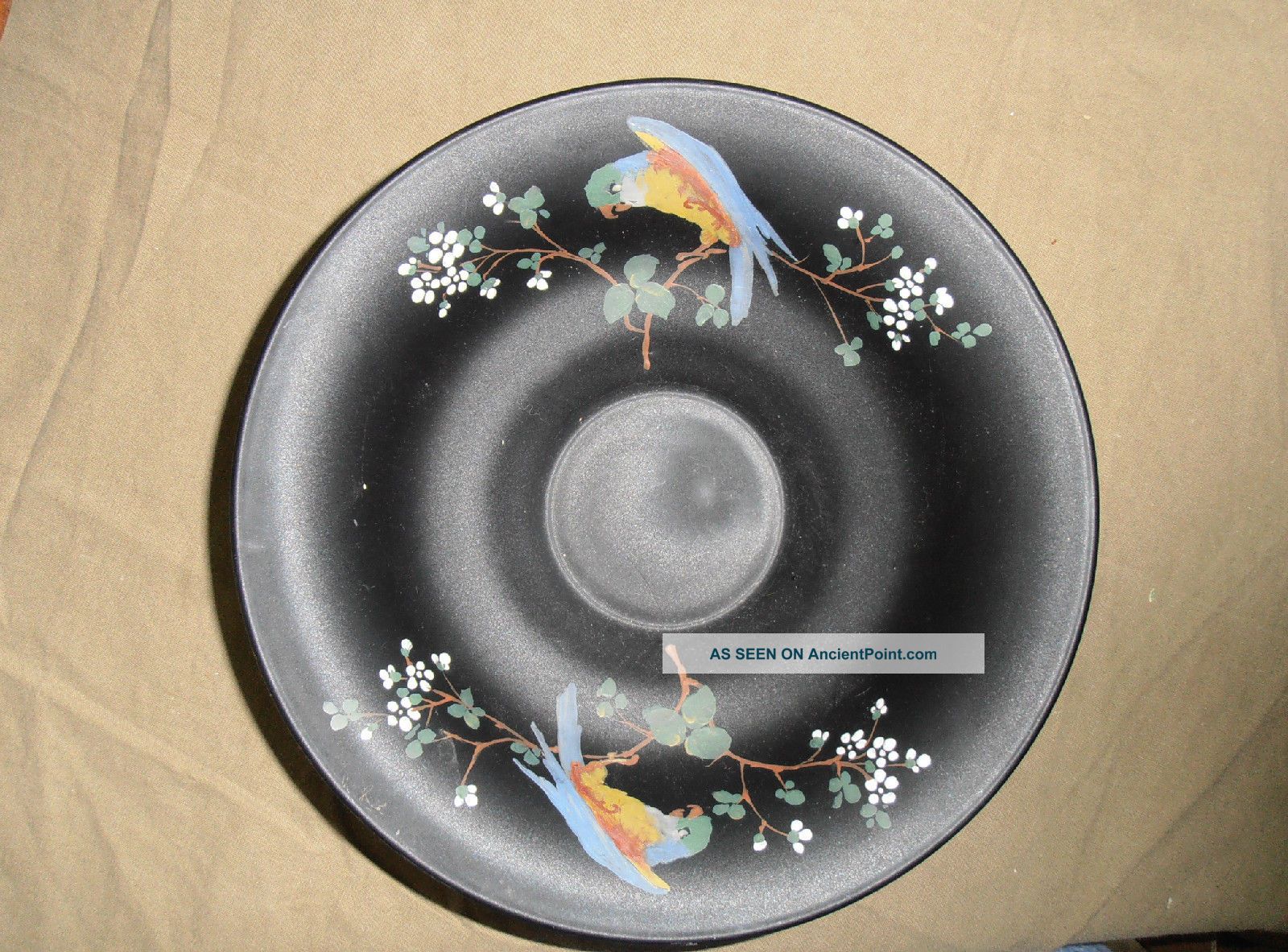 Gorgeous Large,  Black,  Handpainted Bowl With Parrots & Tree Limbs And Flowers Bowls photo