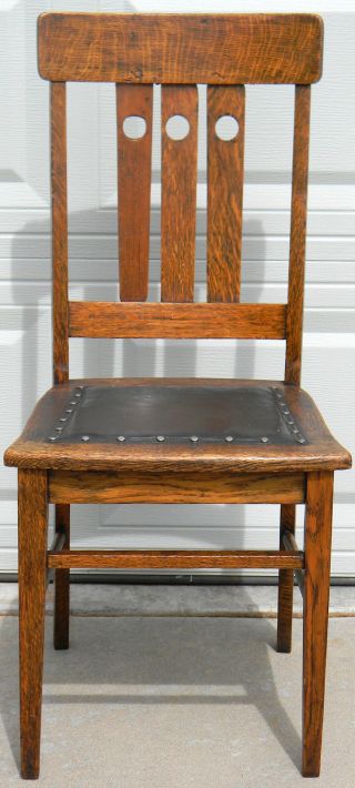Antique Arts & Crafts Mission Oak Chair With Leather Seat,  1 Of 3 Available (a) photo