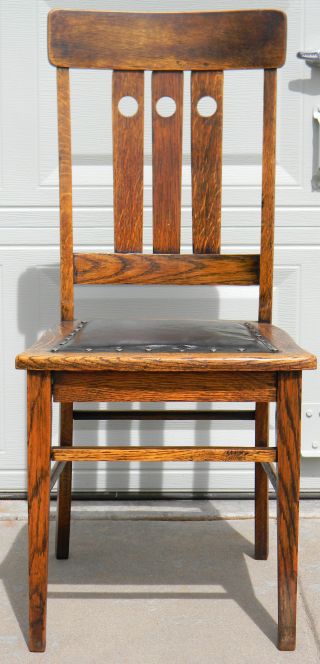 Antique Arts & Crafts Mission Oak Chair With Leather Seat,  1 Of 3 Available (b) photo