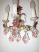 C 1920 French Tole Floral Crystal Pink Grapes 3 Light Sconces Vintage Old Wow Chandeliers, Fixtures, Sconces photo 2
