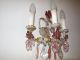 C 1920 French Tole Floral Crystal Pink Grapes 3 Light Sconces Vintage Old Wow Chandeliers, Fixtures, Sconces photo 4