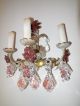 C 1920 French Tole Floral Crystal Pink Grapes 3 Light Sconces Vintage Old Wow Chandeliers, Fixtures, Sconces photo 7