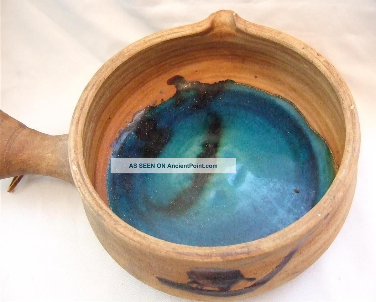 Early French Pottery Earthenware Clay Cooking Pot Colombe France Blue Glaze Hearth Ware photo