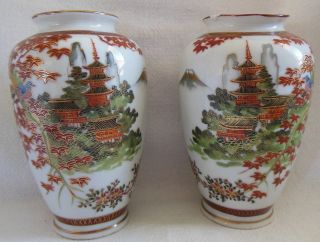 Pair Japanese Meiji Kutani Orange Gold Mark Porcelain Vases Birds Fuji Pagoda 6 
