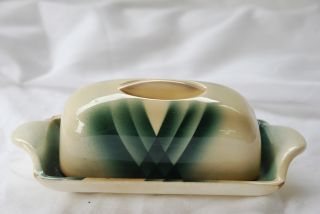Vintage Art Deco Green & Ivory Pottery Butter Dish 1930 ' S Retro photo