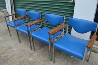 5 Harter Chairs Royal Blue Chrome Frame Wood Arms Mid Century Modern photo