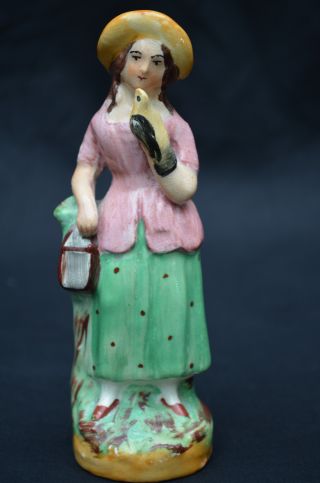 Antique English Staffordshire Pottery Figurine Girl W/bird,  6 