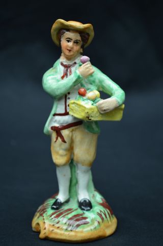 Antique English Staffordshire Pottery Figurine Man W/fruit Basket,  4.  75 