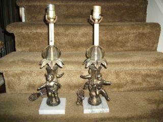 Pr Vint Antiq Home Room Decor Bronze Marble Base Twin Cherubs Putti Table Lamps photo