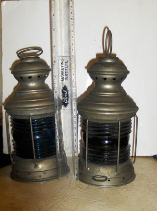 2 Antique Ship Lanterns Vintage Nautical Ship Lamp Boat Navigation Light photo