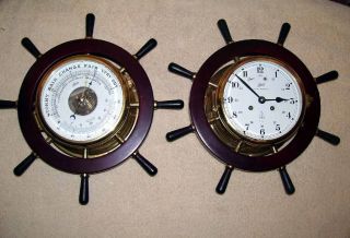 Vintage Schatz Royal Mariner Nautical Ships Bell Clock & Barometer W/key 7 Jewel photo