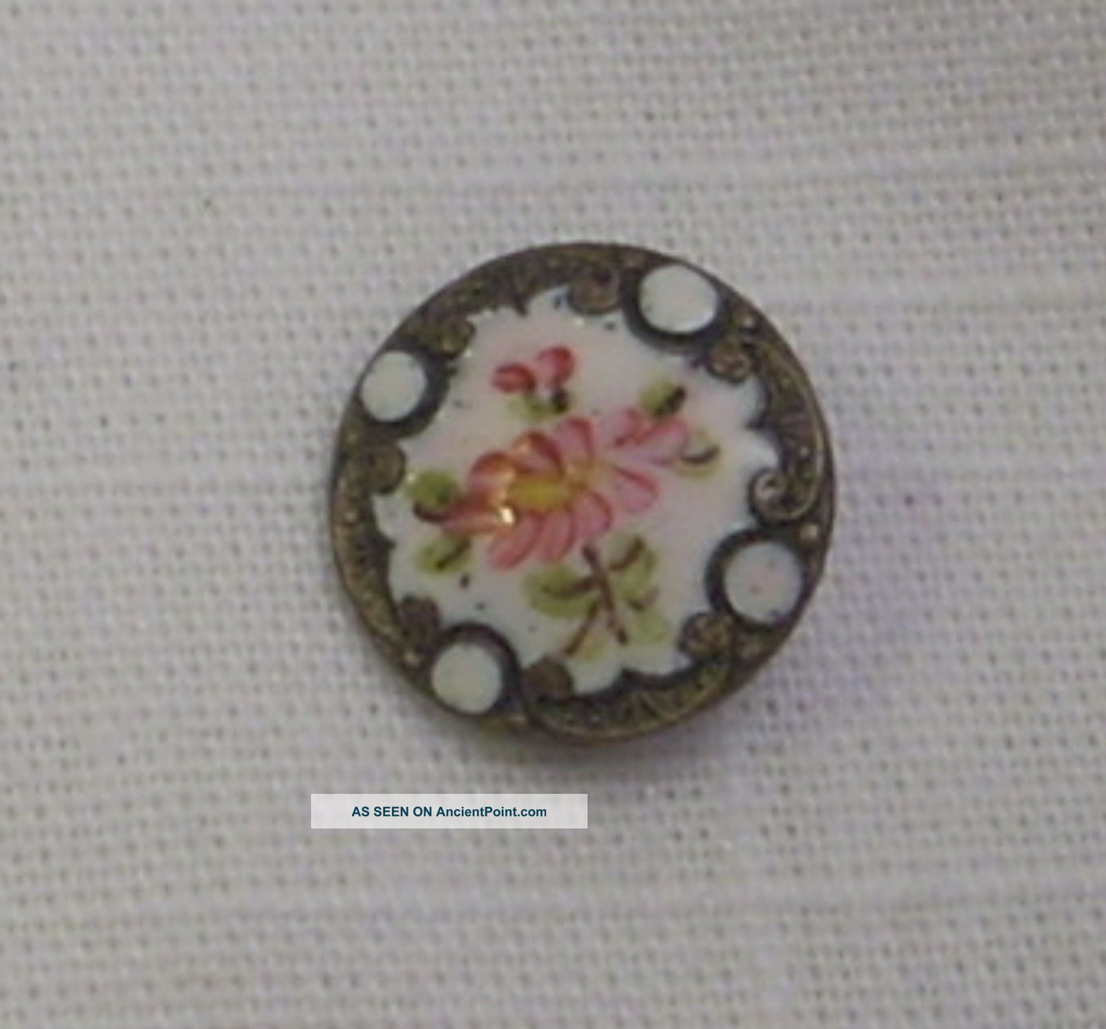 Antique French Champleve Enamel Button - Pink Floral & White Dots - 9/16 
