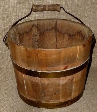 Primitive Antique Distressed Solid Ash Utility Bucket W/metal Staves & Handle photo