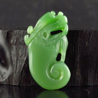 Hand - Carved Chinese Natural Green Hetian Jade Dragon Head Pendant photo