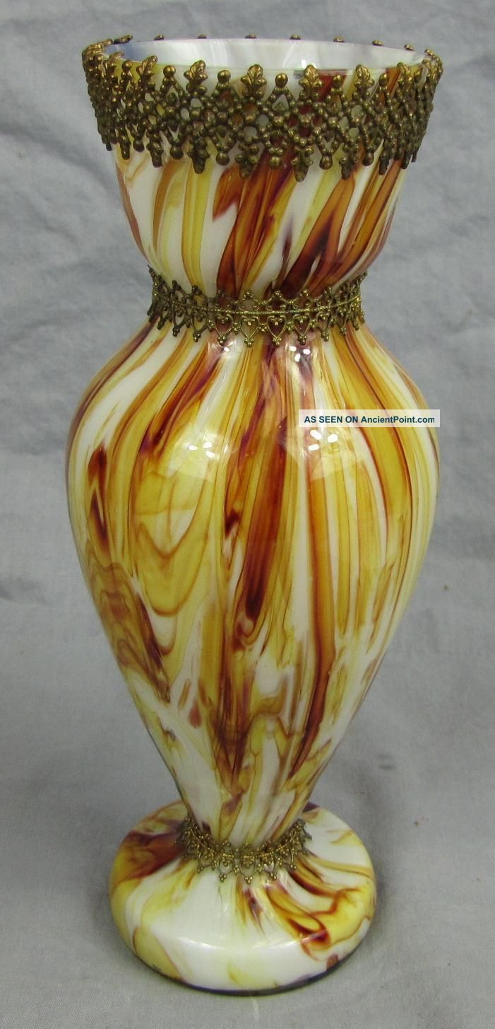 Antique Bohemian Cased Art Glass Vase With Brass Decorations Vases photo