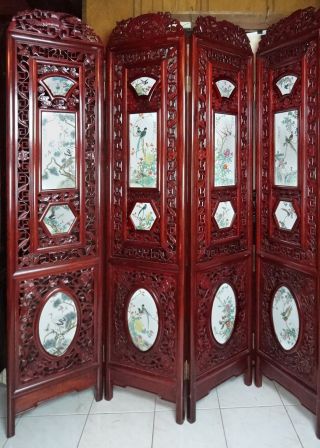 Sensational Antique Chinese Carved Precious Wood Floor Screen W/porcelain photo