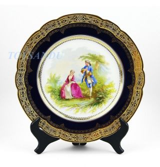 Sevres Chateau Tuilerie Plate 6 Courting Couple Mint Cobalt Raised Gold Trim photo