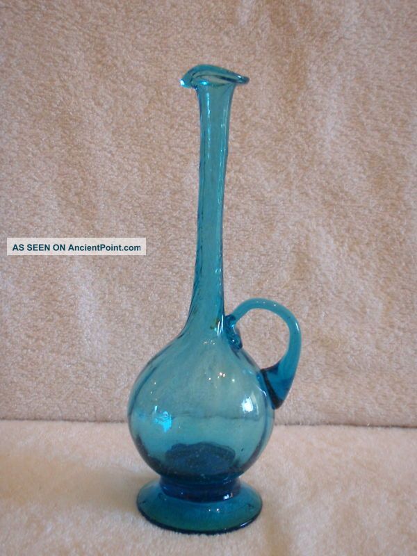 Antique Light Blue Art Glass Twisted Long Skinny Neck Pitcher Bud Vase Unsigned Vases photo