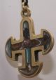 Ancient Byzantine / Celtic Cross With Roman Glass Irridescent Pendant Roman photo 1