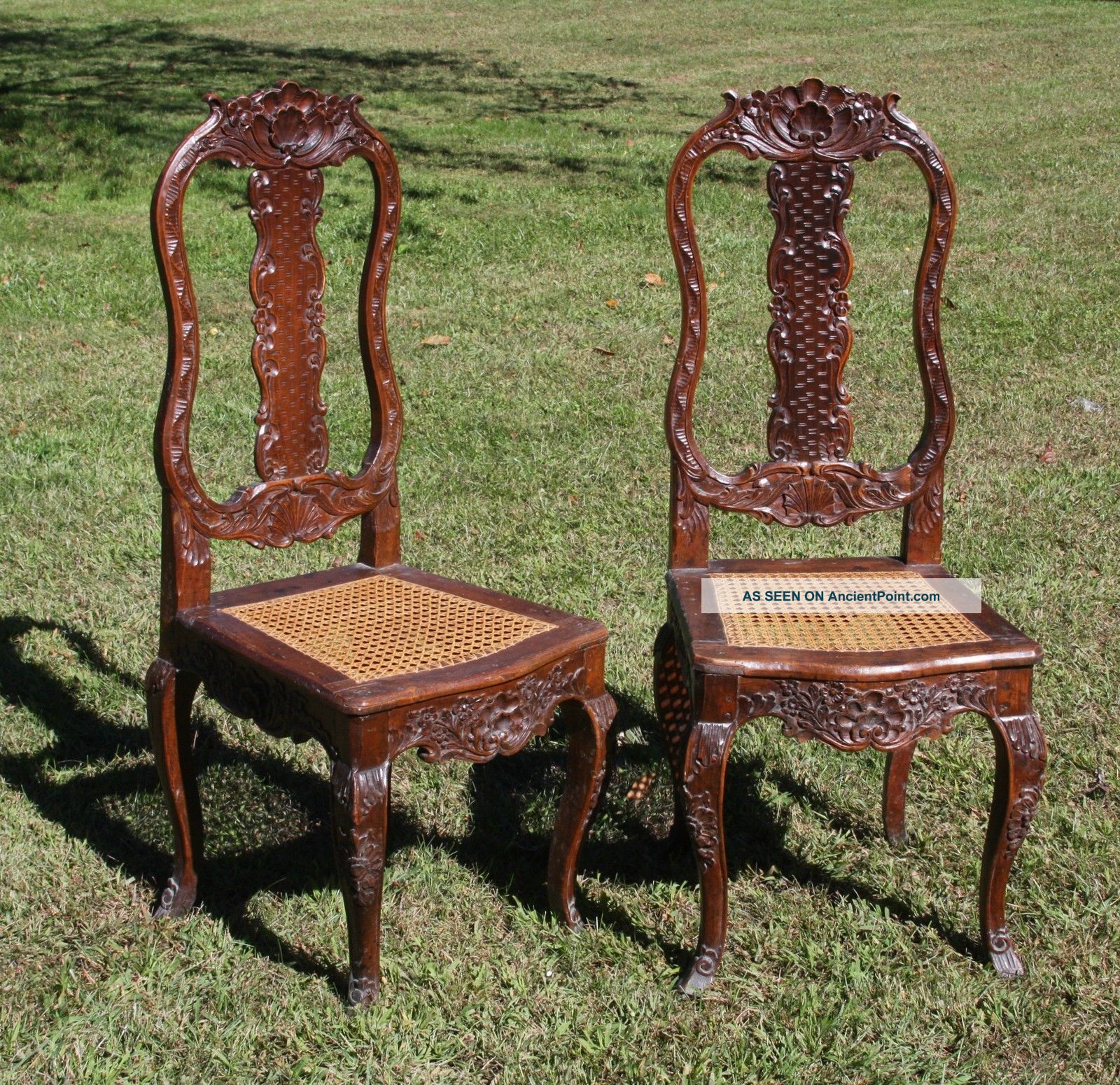 Rare Pair 18th C.  Italian Tall Chairs,  Hand Carved All Over; Pinned,  Mortised Pre-1800 photo
