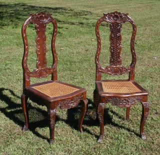 Rare Pair 18th C.  Italian Tall Chairs,  Hand Carved All Over; Pinned,  Mortised photo