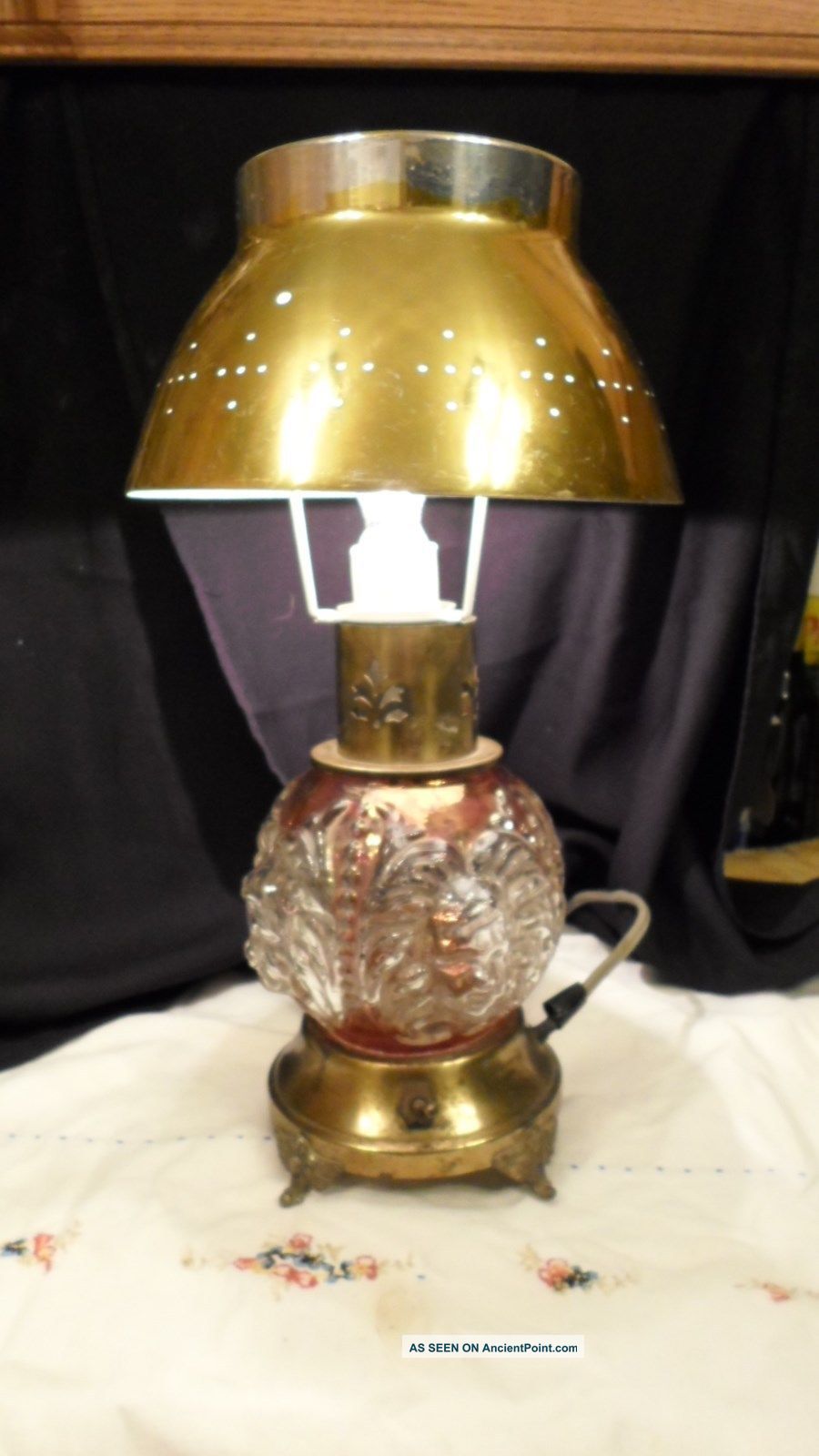 Arts & Crafts Small Lamp Metal Shade Glass Red Body With Faces Releif Lamps photo