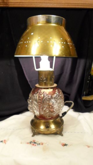 Arts & Crafts Small Lamp Metal Shade Glass Red Body With Faces Releif photo