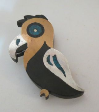 Vintage Tono Piedra Negra Mixed Metals Turquoise Modernist Sterling Parrot Pin photo