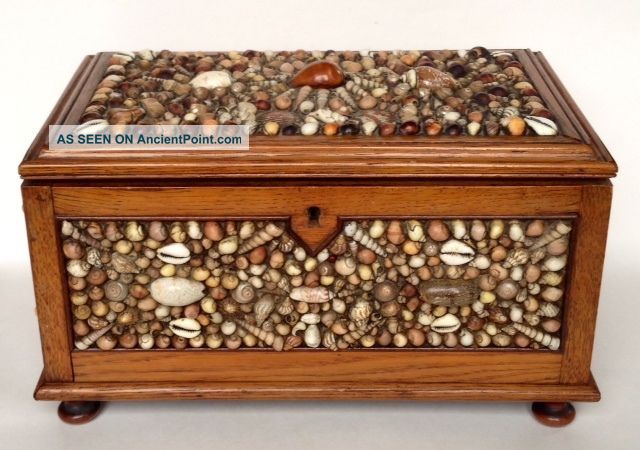Antique Seashell Large Oak Jewelry / Trinket / Lovers Box Stunning Victorian Boxes photo