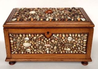 Antique Seashell Large Oak Jewelry / Trinket / Lovers Box Stunning Victorian photo
